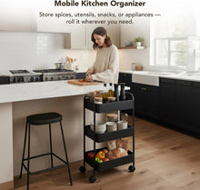 Load image into Gallery viewer, Displays By Jack 3-Tier Rolling Storage Cart, Metal Utility Organizer on Wheels – Deep Mesh Baskets for Kitchen, Pantry, Laundry, Bathroom, Home