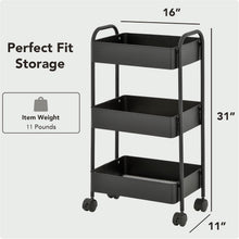 Load image into Gallery viewer, Displays By Jack 3-Tier Rolling Storage Cart, Metal Utility Organizer on Wheels – Deep Mesh Baskets for Kitchen, Pantry, Laundry, Bathroom, Home