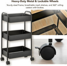Load image into Gallery viewer, Displays By Jack 3-Tier Rolling Storage Cart, Metal Utility Organizer on Wheels – Deep Mesh Baskets for Kitchen, Pantry, Laundry, Bathroom, Home