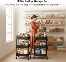 Load image into Gallery viewer, Displays By Jack 3-Tier Rolling Storage Cart, Metal Utility Organizer on Wheels – Deep Mesh Baskets for Kitchen, Pantry, Laundry, Bathroom, Home
