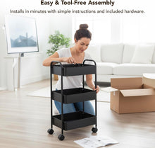 Load image into Gallery viewer, Displays By Jack 3-Tier Rolling Storage Cart, Metal Utility Organizer on Wheels – Deep Mesh Baskets for Kitchen, Pantry, Laundry, Bathroom, Home
