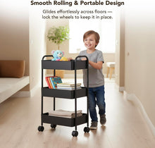 Load image into Gallery viewer, Displays By Jack 3-Tier Rolling Storage Cart, Metal Utility Organizer on Wheels – Deep Mesh Baskets for Kitchen, Pantry, Laundry, Bathroom, Home
